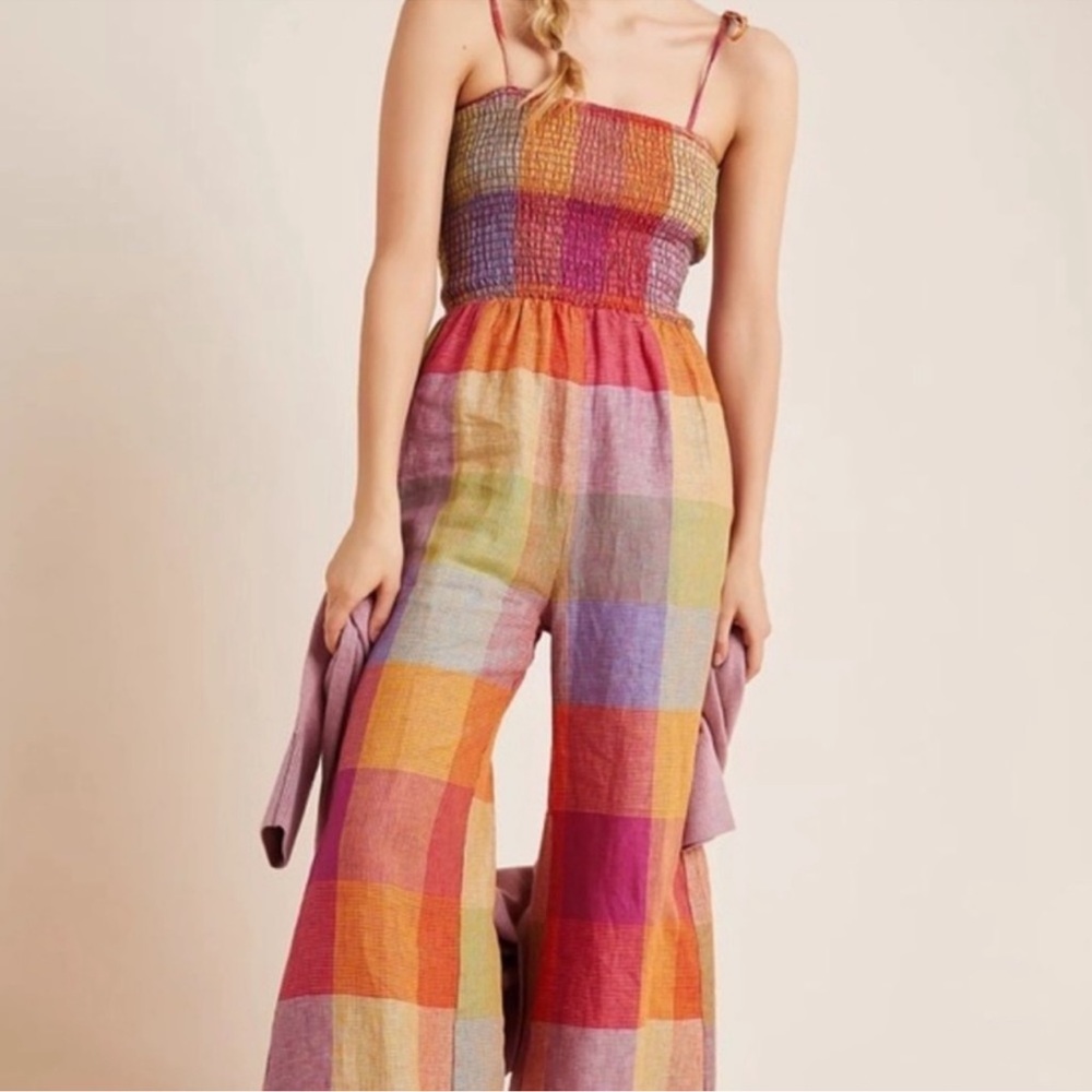 Anthropologie Dra Sierra smocked orange fall jumpsuit 100% linen